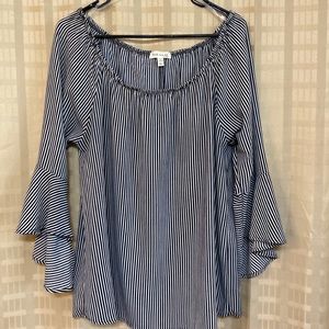 Black /white vertical pinstripe off shoulder blouse with flowy sleeves